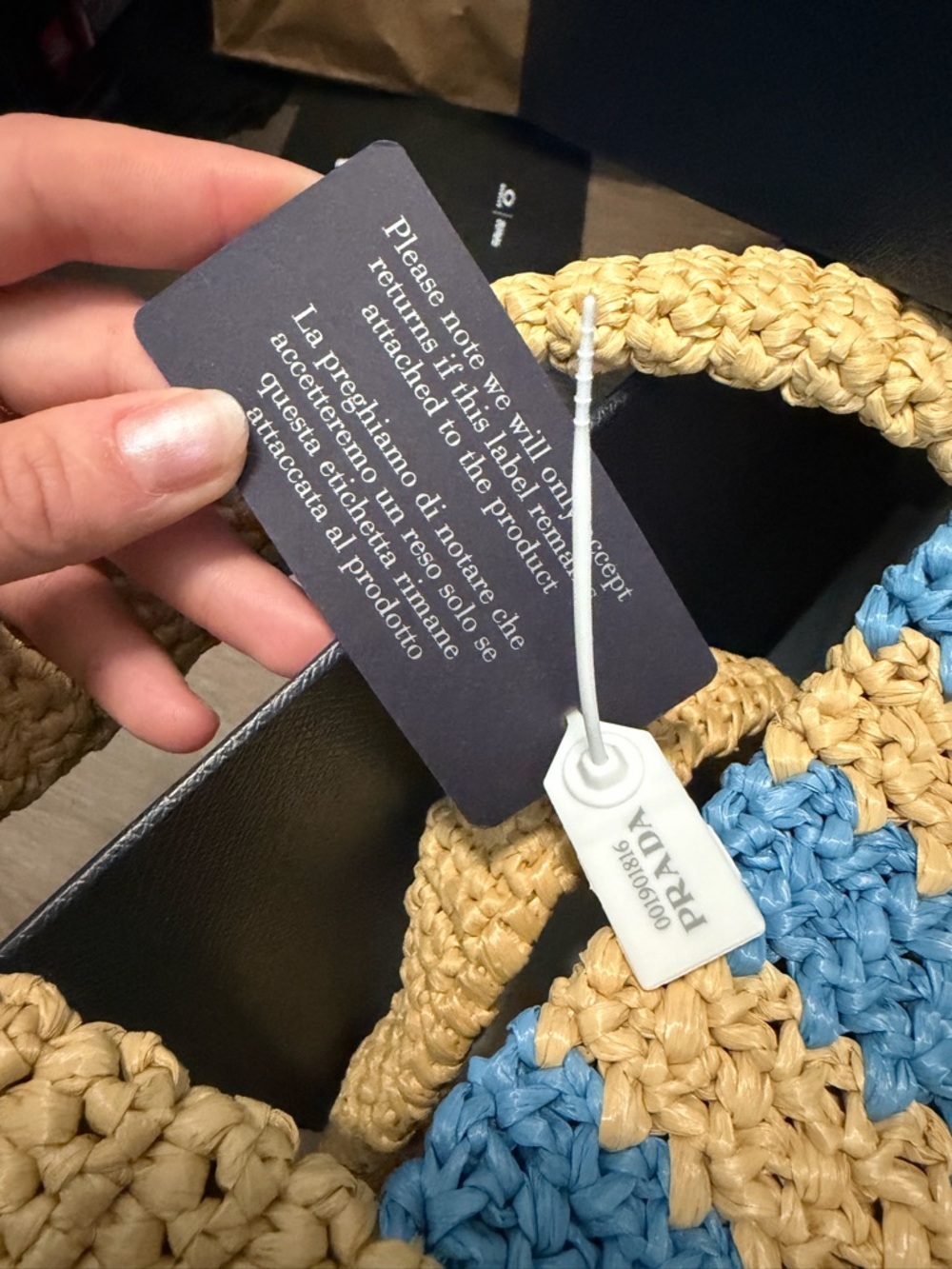 Prada Straw/Raffia Tote with Natural Beige and Light Blue Stripes - Picture 7 of 7